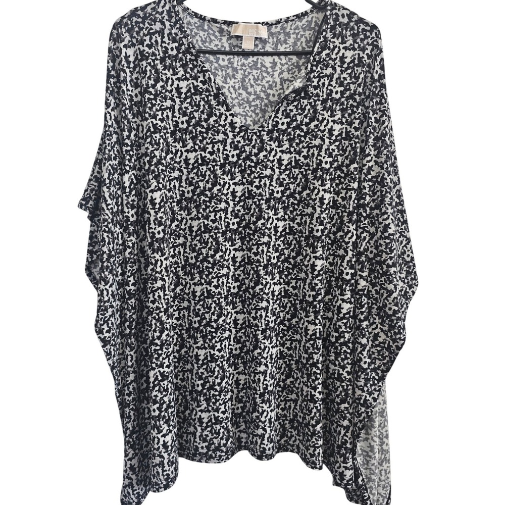Michael Kors Black White Abstract Print V-Neck Poncho Top Cape Sleeve Medium